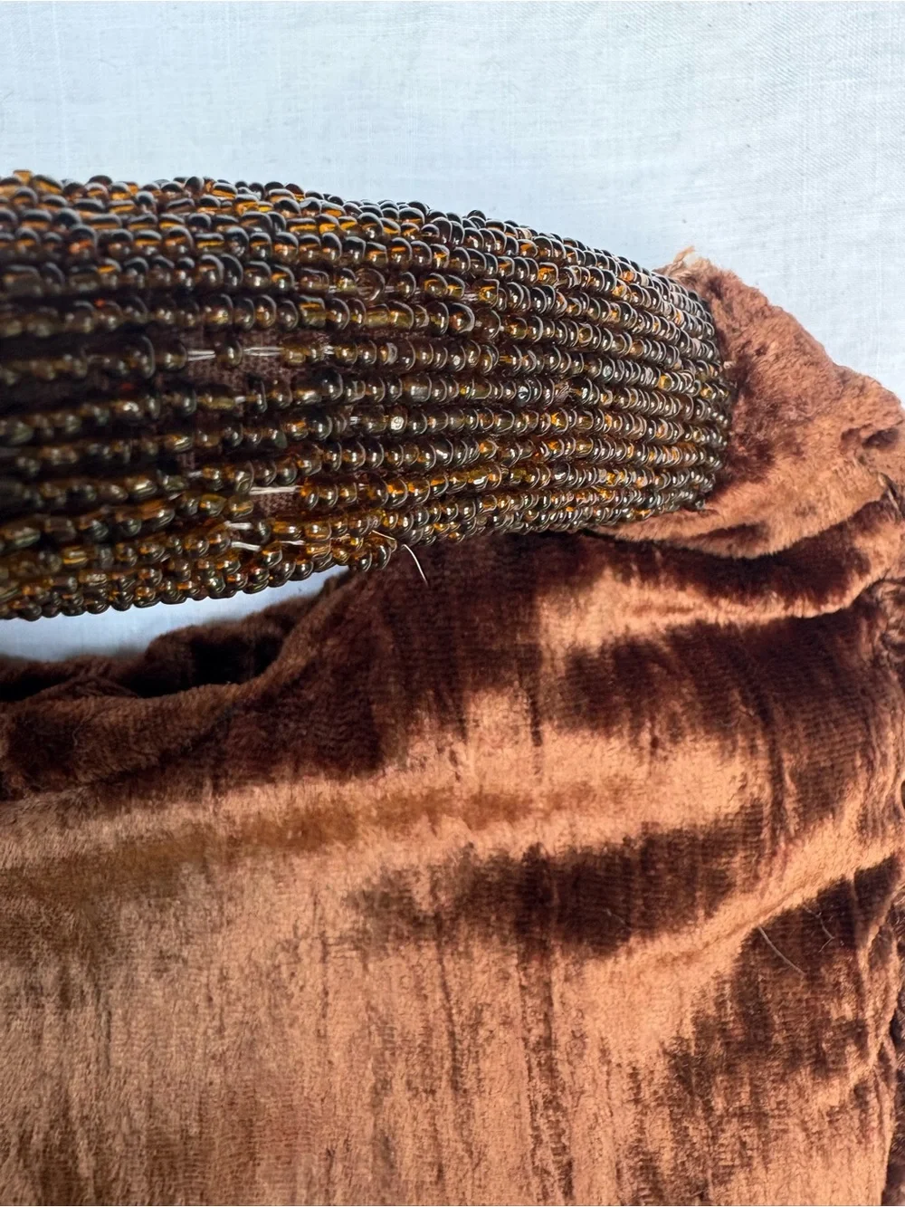Vintage Crushed Brown Velvet Clutch with Beaded Handle